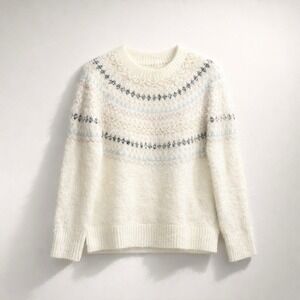 Tribal Jeans Womens Fair Isle Eyelash Knit Sweater Cream Pastel Fuzzy Pullover S